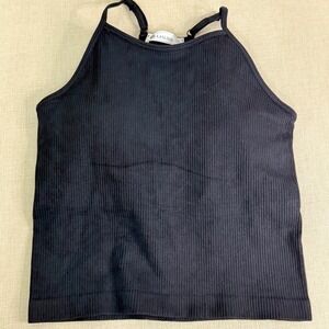 LASLULU Womens Ribbed Seamless Tank Top High Neck Built-in Bra Black Medium